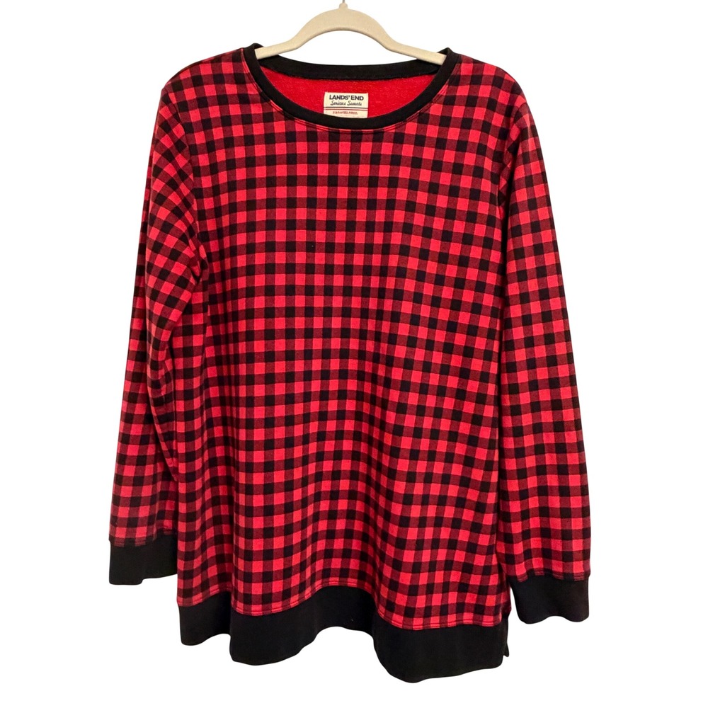 Lands End Serious Sweats Red Black Buffalo Check Plaid Sweatshirt Size XL